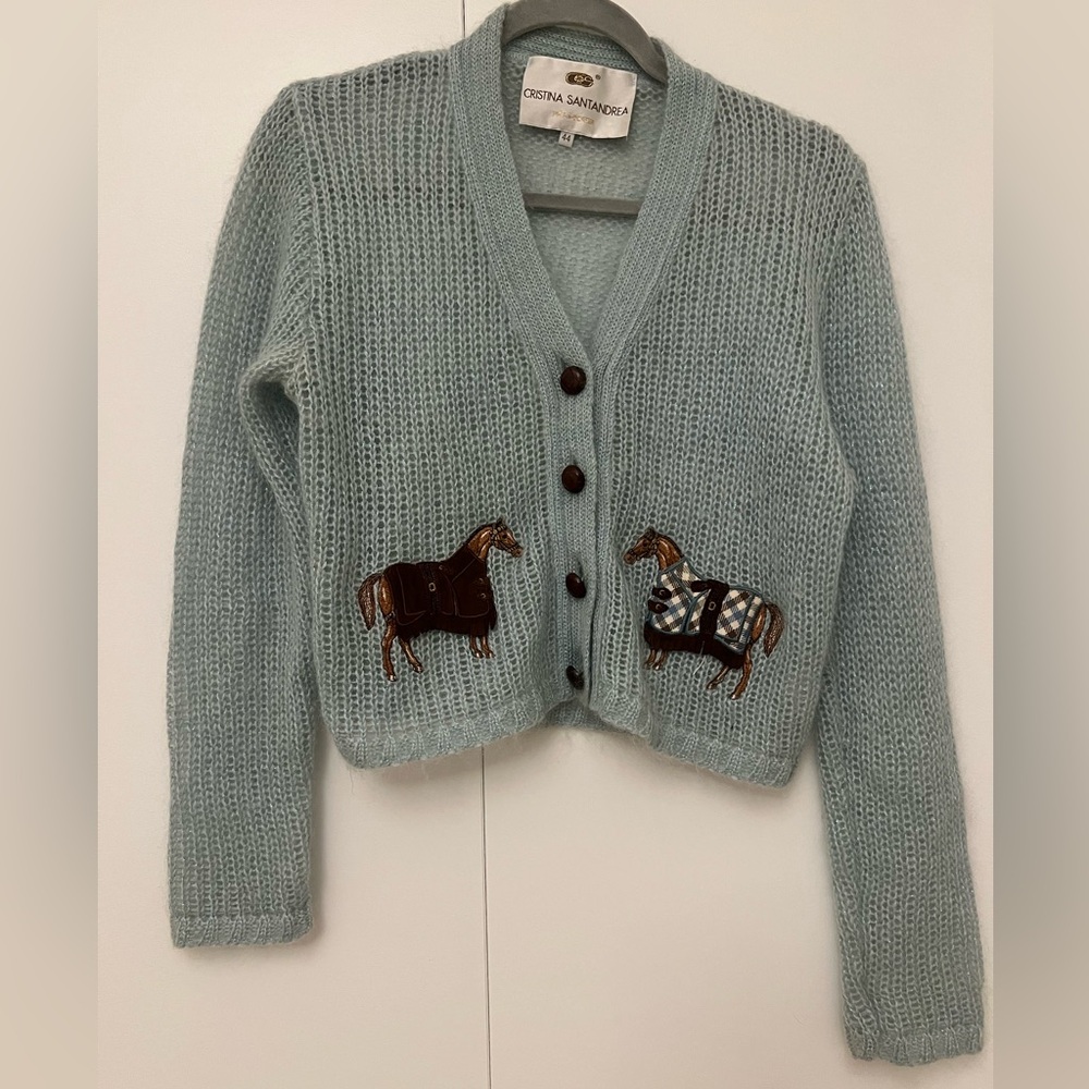 Blue Mohair Blend Cardigan with Horse Appliqués & Leather Buttons